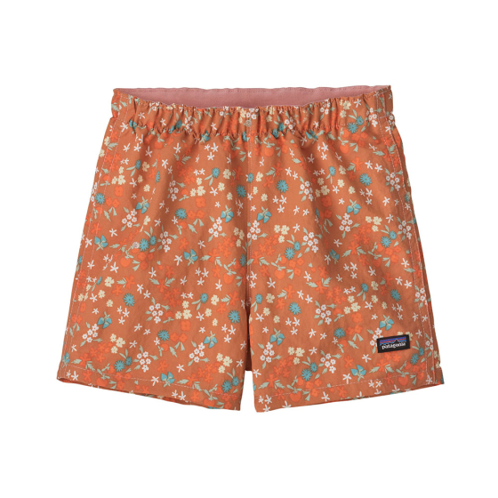 Patagonia little kids baggy swimming shorts in the toasted peach colour on a white background