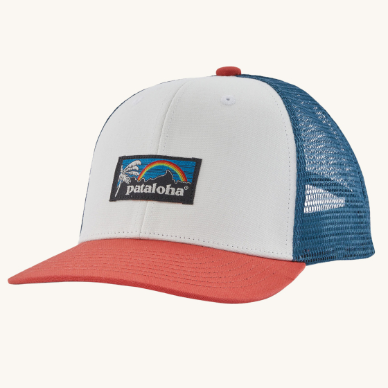 Patagonia Kids Trucker Hat Baseball Cap - Patalokahi / Birch White on a plain background.