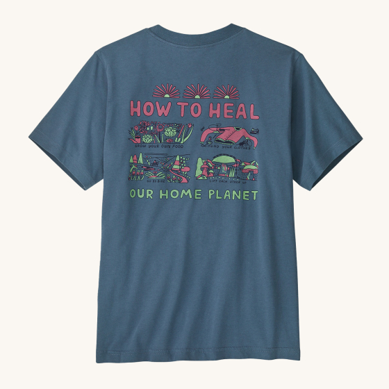Patagonia Kids Graphic T-Shirt - Take Action / Utility Blue. A grey/blue t-shirt with "How To Heal Our Home Planet" text and fun drawings showing "grow your own food", "mend your clothes" "go by bike" and "lift each other up"