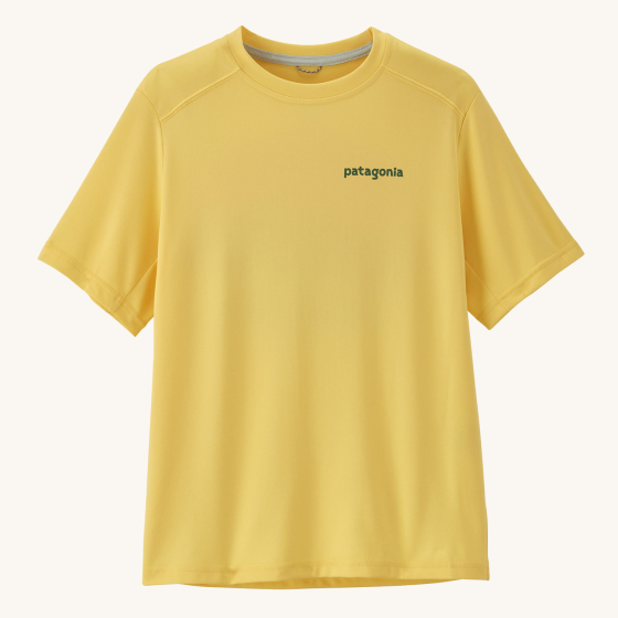 Patagonia Kids Capilene Silkweight T-Shirt - Ridge Rise Moonlight / Milled Yellow with small dark green "Patagonia" text on the chest