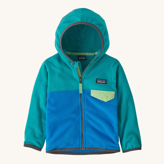 Patagonia Little Kids Micro D Fleece Jacket - Vessel Blue. A warm, hooded fleece jacket in green and blue, with a lime green pocket flap and zipper tab