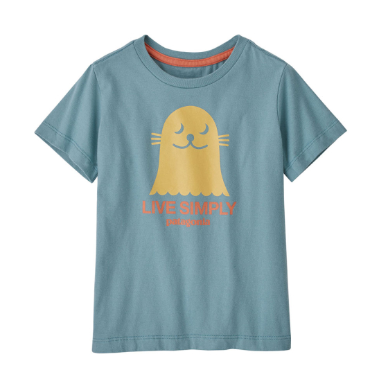 Patagonia little kids live simply regenerative organic cotton t-shirt in the seal print on a white background