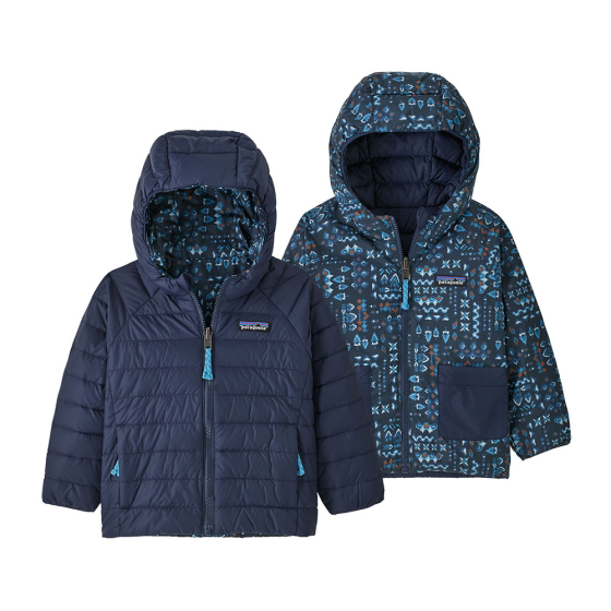 Outside and inside of the Patagonia little kids reversible down sweater jacket in the wandering woods: tidepool blue colour on a white background