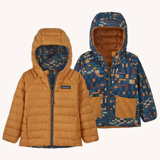 Patagonia Little Kids Reversible Down Insulated Sweater Hoody Jacket - Fitz Roy Patchwork / Ink Black. Both wearable options are shown.