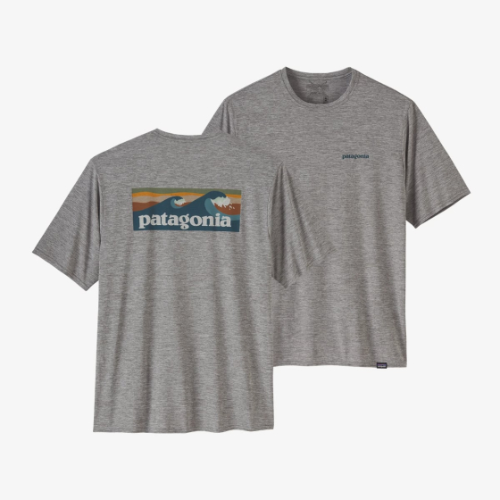 The Patagonia Men's Cap Cool Daily Graphic Shirt - Boardshort Logo Abalone Blue: Feather Grey is pictures showing front and reverse, on a white background