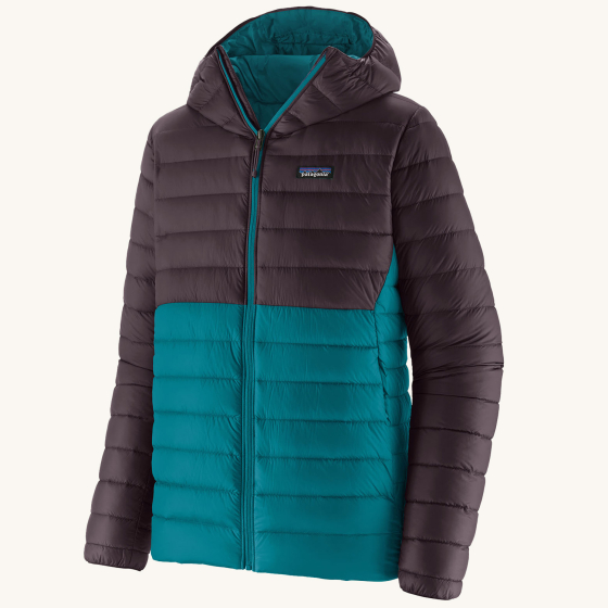 Patagonia Men's Down Sweater Hoody Jacket - Belay Blue on a plain background.