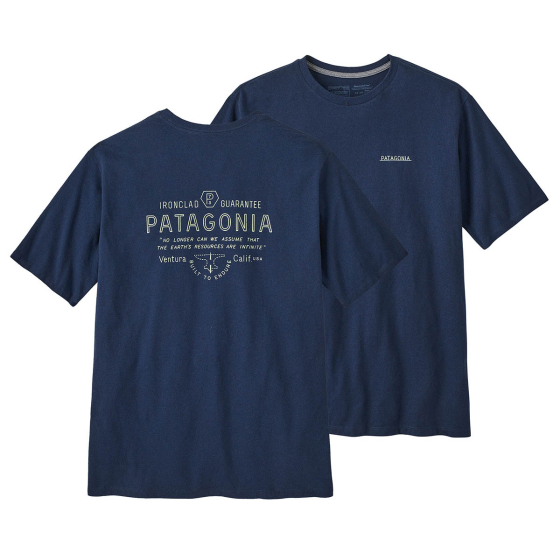 Front and back of the Patagonia mens forge mark responsibili-tee in the lagom blue colour on a white background
