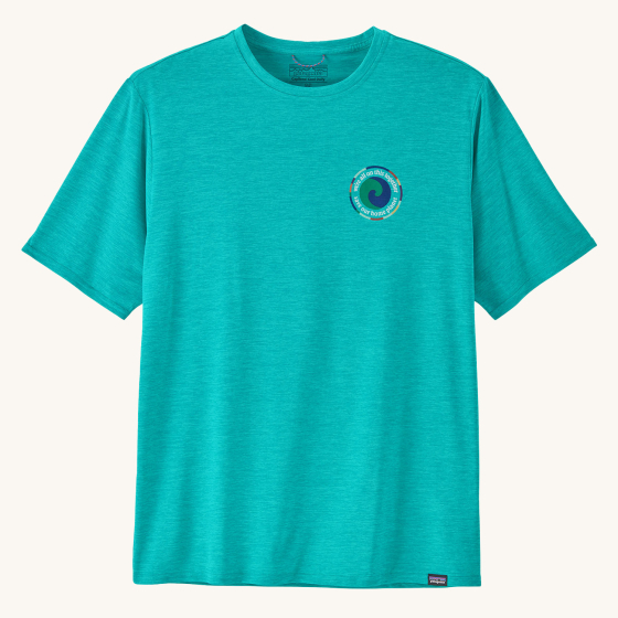 Patagonia Men's Capilene Cool Daily Graphic Shirt - Unity Fitz / Subtidal Blue X-Dye, with a Patagonia "Save our home planet" logo on the top