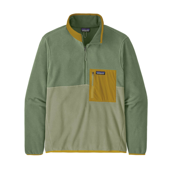 Patagonia mens microdini half zip fleece top in the salvia green colour on a white background