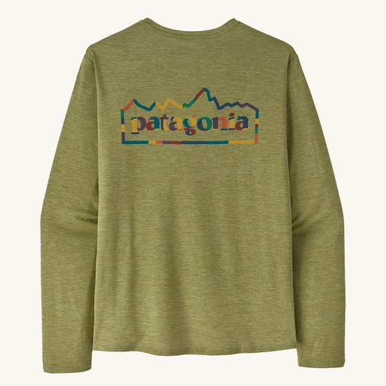 Patagonia Men's Long-Sleeved Capilene Cool Daily Graphic Shirt - Unity Fitz / Buckhorn Green X-Dye, showing a Patagonia colourful mountain range silhouette in navy blue, purple, green, yellow, red and orange, with the word "Patagonia" in the middle