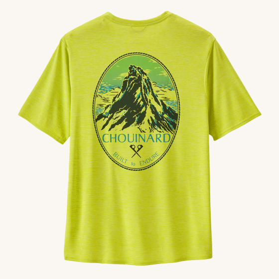 Patagonia Men's Capilene Cool Daily Graphic Shirt - Chouinard Crest / Phosphorus Green X-Dye, with a Patagonia Chouinard "Built to Endure" mountain range logo on the back of the t-shirt