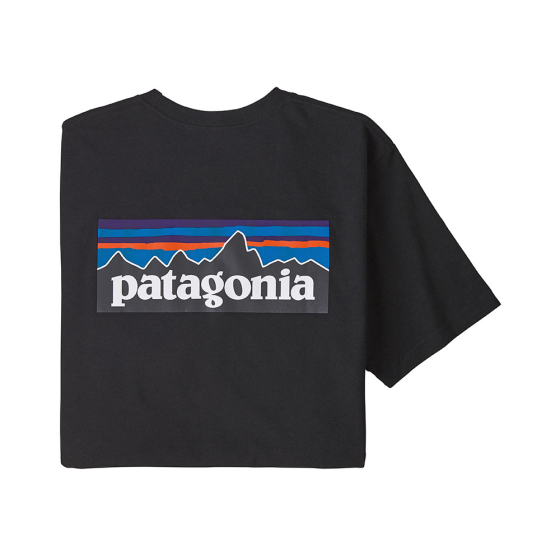 Patagonia mens organic cotton p6 logo responsibili-tee in black on a white background