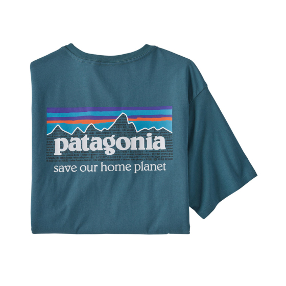 Patagonia eco-friendly organic cotton mens P-6 Mission t-shirt in abalone blue laid out on a white background