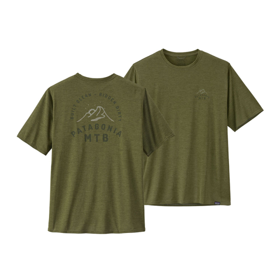 Front and back of the Patagonia mens capilene cool daily technical t-shirt in the palo green on a white background