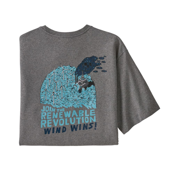 Mens Patagonia Wind Wins organic cotton grey t-shirt laid out on a white background showing the front graphic print