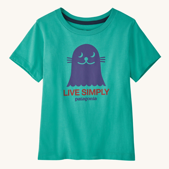 Patagonia Regenerative Organic Cotton Little Kids Graphic T-Shirt with a Live Simply Seal design in a Fresh Teal colour pictured on a plain background