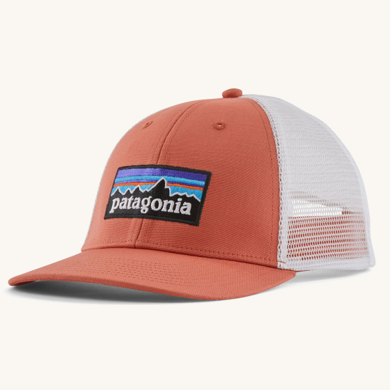 Patagonia P-6 Logo LoPro Trucker Hat in a Quarts coral colour way pictured on a plain background 
