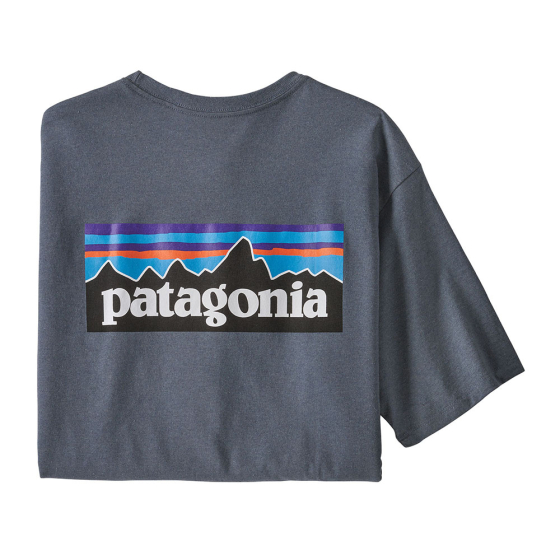 Patagonia eco-friendly mens P-6 logo responsibili-tee in the plume grey colour laid out on a white background