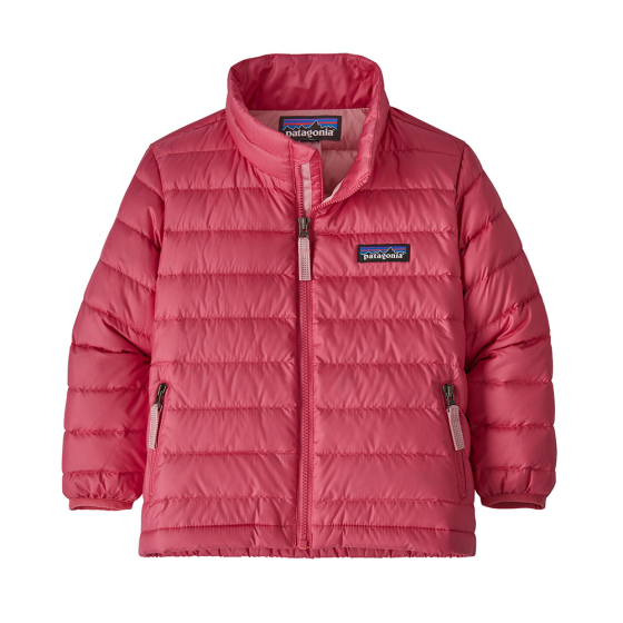 Patagonia eco-friendly childrens range pink down sweater on a white background
