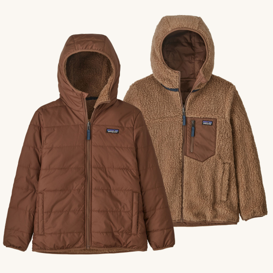 Patagonia Kids Reversible Ready Freddy Hoody Jacket - Moose Brown on a plain background. Both versions of the jacket are shown.