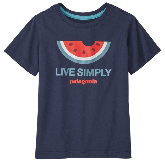 Patagonia Regenerative Organic Cotton Little Kids Live Simply T-Shirt - 
 with Melon print in a  new Navy colour on a plain white background