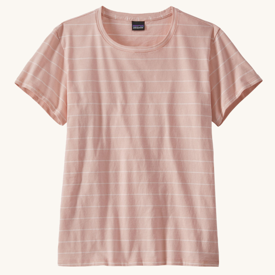Patagonia Women's Regenerative Organic T-Shirt - Open Stripe / Cozy Peach on a cream background