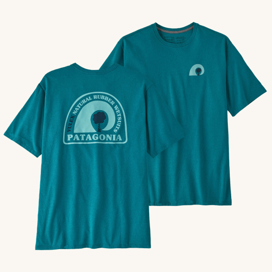Both sides of the Patagonia Men's Rubber Tree Mark Responsibili-Tee - Belay Blue on a plain background