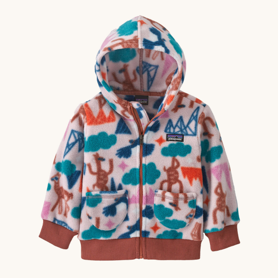 Patagonia Little Kids Synchilla Fleece Hooded Cardigan - Guanaco Fiesta / Peaceful Pink, with colourful patterns on pink fleece, brown zipper and brown wrist cuffs and waist band
