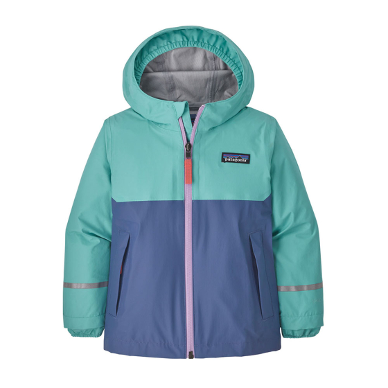 Patagonia little kids iggy blue 3 litre waterproof torrentshell jacket on a white background