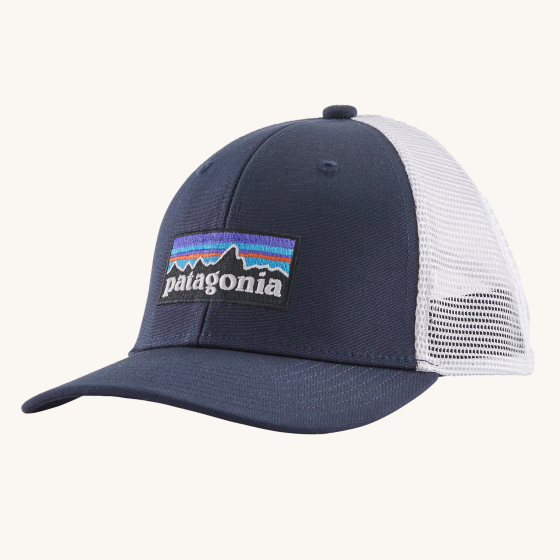 Patagonia Kids Trucker Hat Baseball Cap - P6 Logo: Navy Blue on a plain background. Front three-quarter angle.