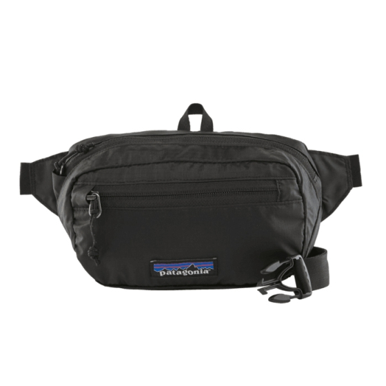 Picture of black mini hip pack (front view). Picture background is white.