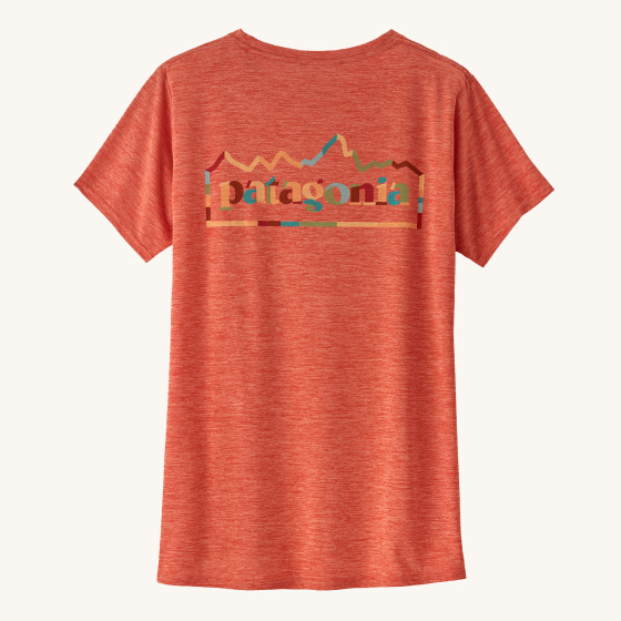 Patagonia Women's Capilene Cool Daily Graphic Shirt - Unity Fitz / Pimento Red X-Dye, on a cream background