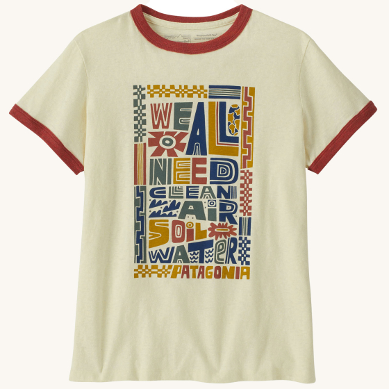 Patagonia Women's We All Need Ringer Responsibili Tee - Birch White on a plain background.