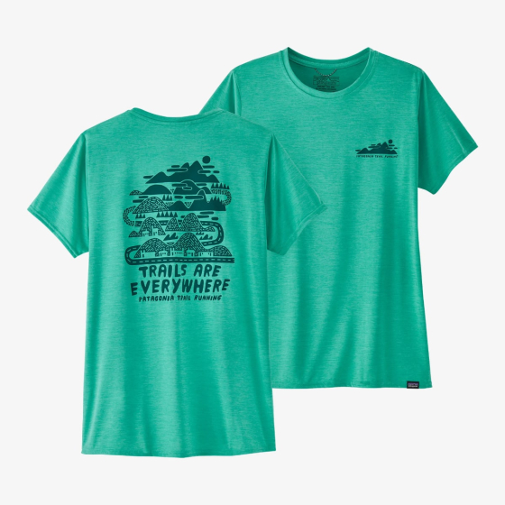 The Patagonia Women's Cap Cool Daily Graphic Shirt - Trails Everywhere: Fresh Teal X-Dye, front and reverse on white background