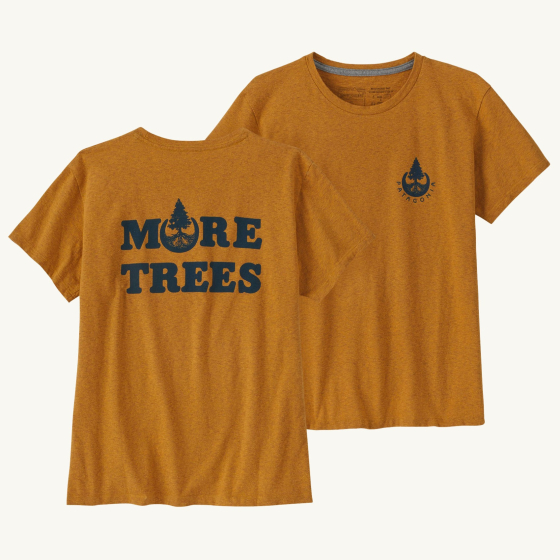 A picture of the front of the Patagonia Women's Resbonsibili Tee in a mango orange colour, next to the back of the T-Shirt.