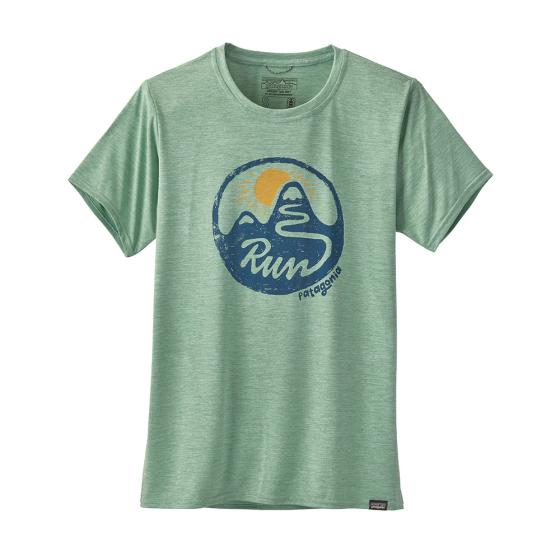Patagonia Women's Capilene Cool Daily Graphic T-Shirt in the Gypsum Green colour on a white background