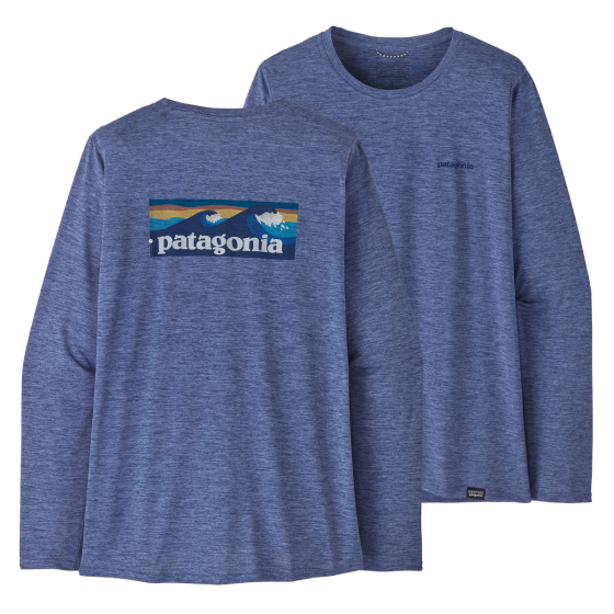 Front and back view of the Patagonia Women's Long Sleeved Capilene Cool Daily Graphic Shirt - Current Blue X-Dye pictured on a plain white background