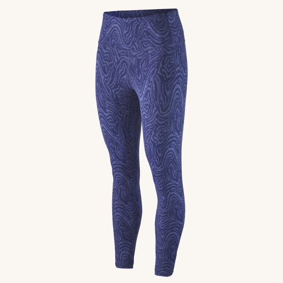 Patagonia Women's Maipo 7/8 Tights in the Oak Waves design in a Sound Blue colour way pictured on a plain background 