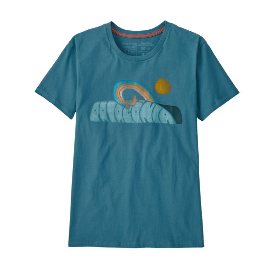 Patagonia womens eco-friendly rainbow rail organic crew t-shirt in abalone blue laid out on a white background