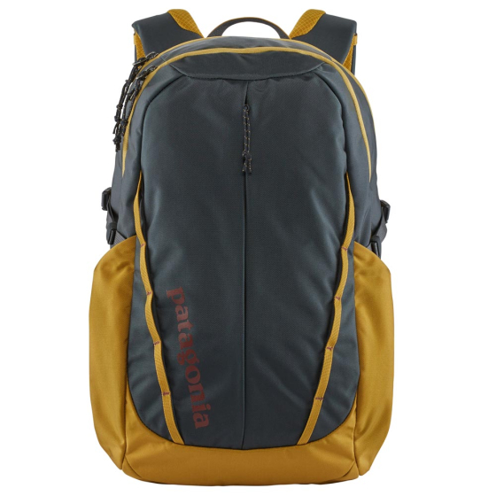 Picture of Patagonia Refugio backpack in blue and gold. Background of the picture is white.