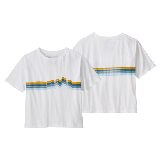 Front and back of the Patagonia eco-friendly womens ridge line stripe easy cut tshirt on a white background