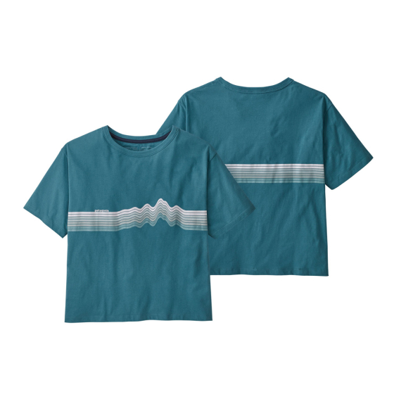 Front and back of the Patagonia womens ridge rise stripe organic t-shirt in abalone blue on a white background