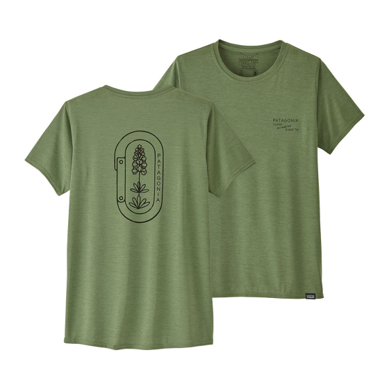 Front and back of the Patagonia womens short sleeve cap cool graphic t-shirt in the sedge green colour on a white background