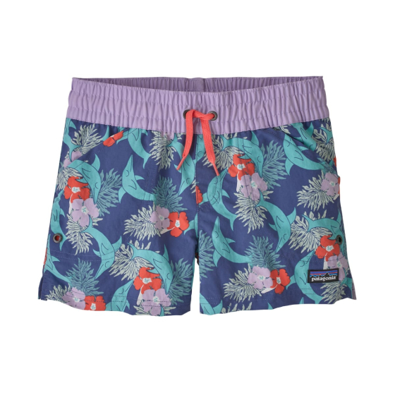 The Patagonia Kid's Baggies Shorts Heart the Sea: Current Blue, a deep blue with Hawaiian sea themed, colourful repeat print. On a white background