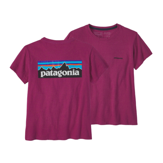 Front and back of the Patagonia mens p-6 logo responsibili-tee tshirt in the star pink colour on a white background