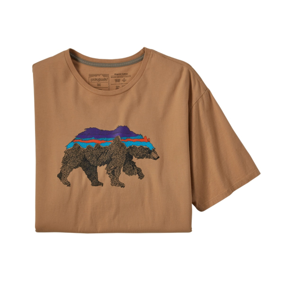 Patagonia mens organic cotton back for good t-shirt in the dark camel bear colour on a white background