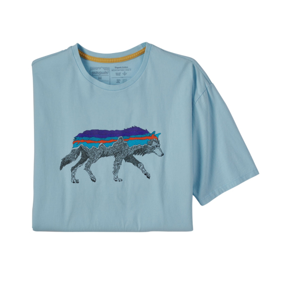 Patagonia mens organic cotton back for good t-shirt in the fin blue wolf colour on a white background