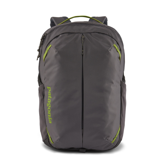 The Patagonia Refugio Day Pack 26L in Forge Grey, stood upright on white background