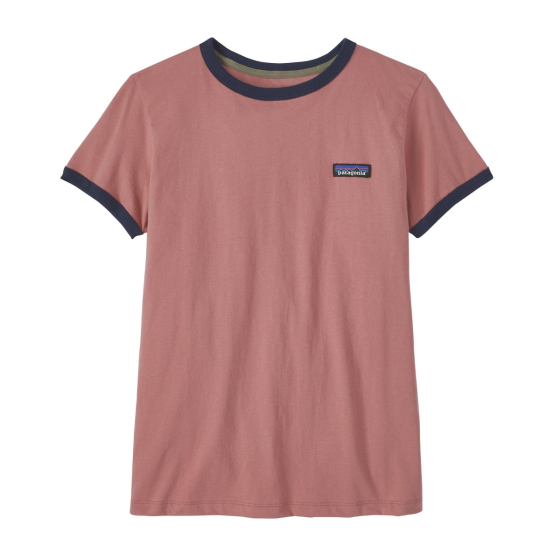 Patagonia womens p-6 label ringer t-shirt in the light star pink colour on a white background