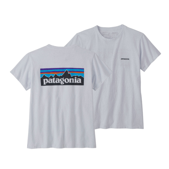 Front and back of the Patagonia womens p-6 logo responsibili-tee tshirt in the white colour on a white background